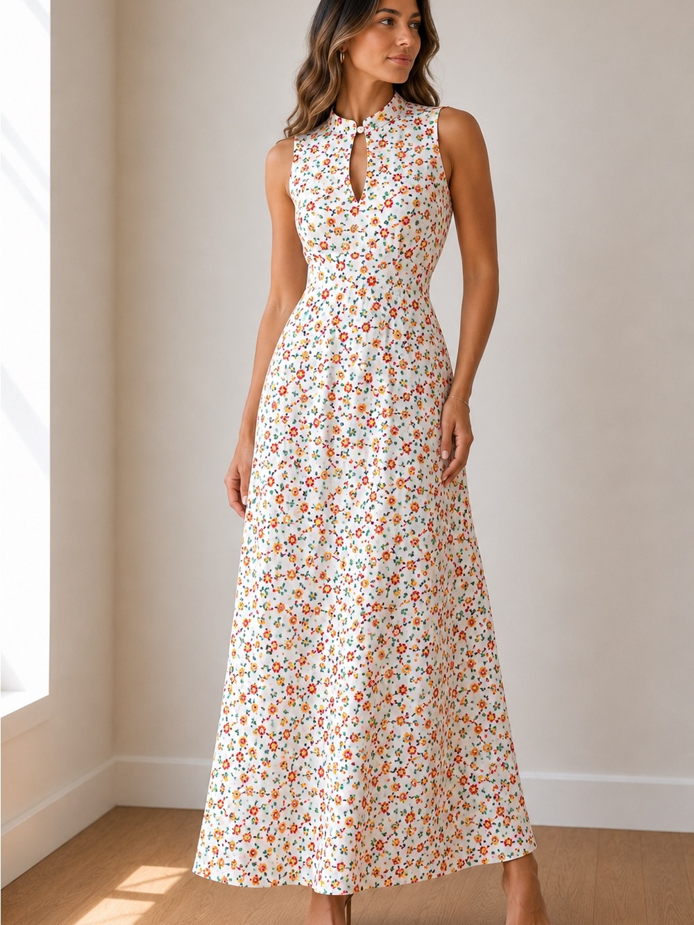 Vintage 70s Gay Gibson Floral Maxi Dress Mock Neck Back Tie A-Line ILGWU S